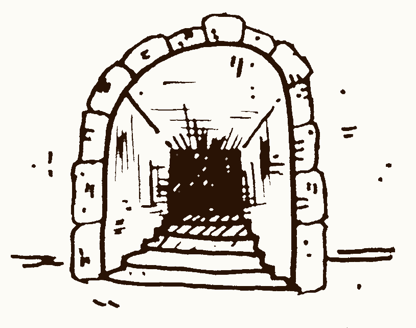 An illustration of a descending staircase in an archway.