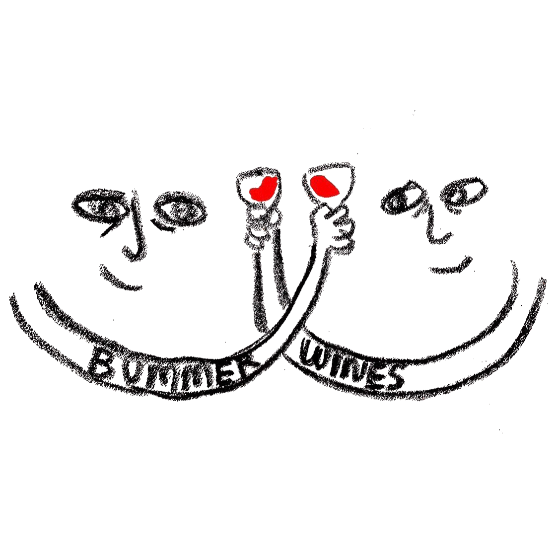 An illustration of two people toasting wine glasses with the words "Bummer Wines."